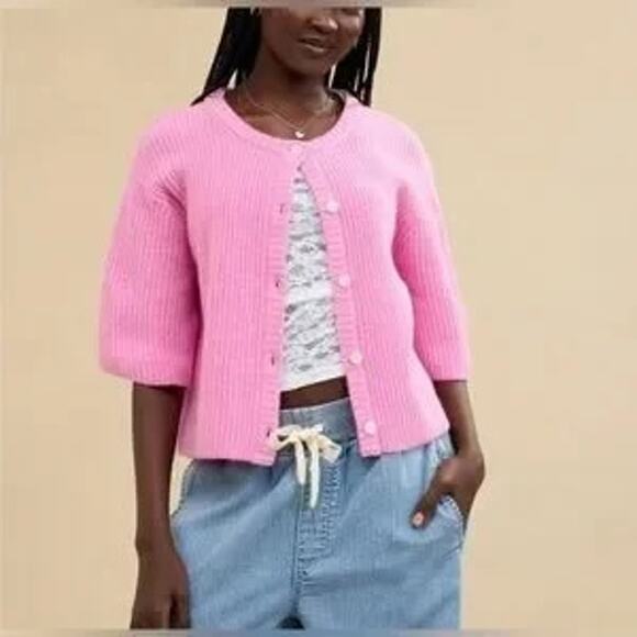 aerie Sweaters - Aerie unREAL Short Sleeve Cardigan Sweater Pink XL